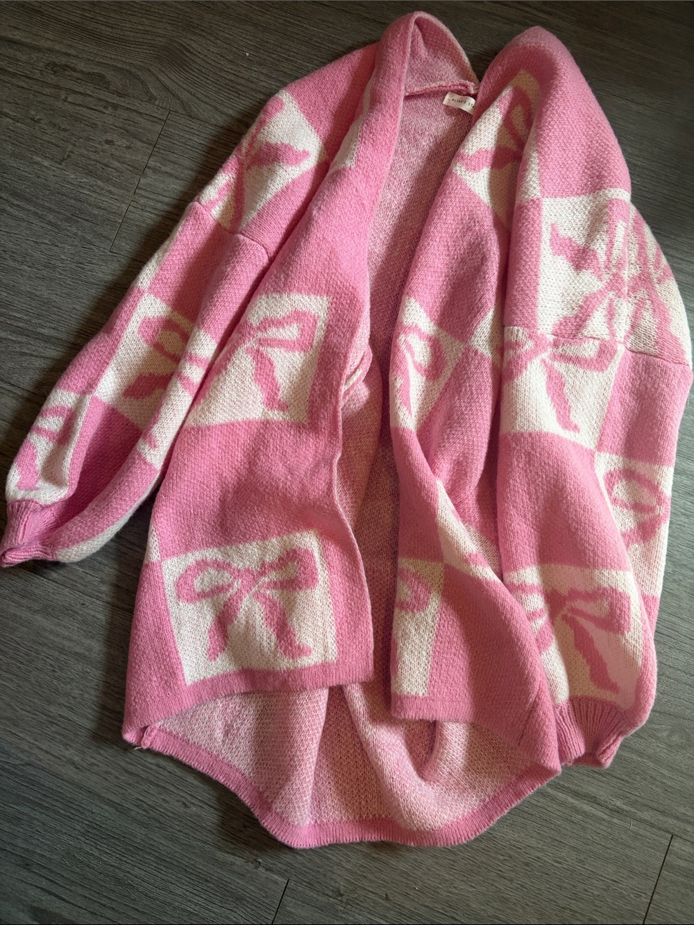 Altar'd State Pink and Cream Bow-Print Open Cardigan